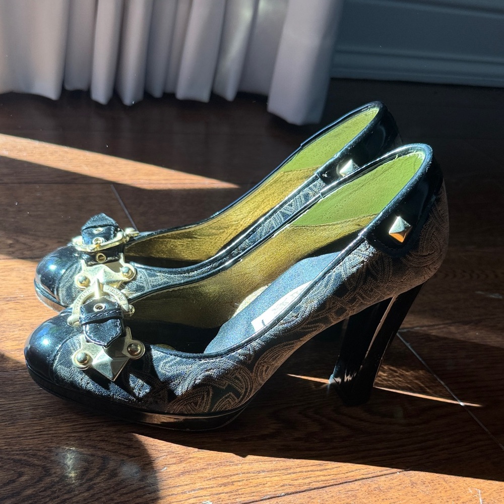 Black Vintage Guillaume Patterned High Heels with Gold Stud & Buckle Detail